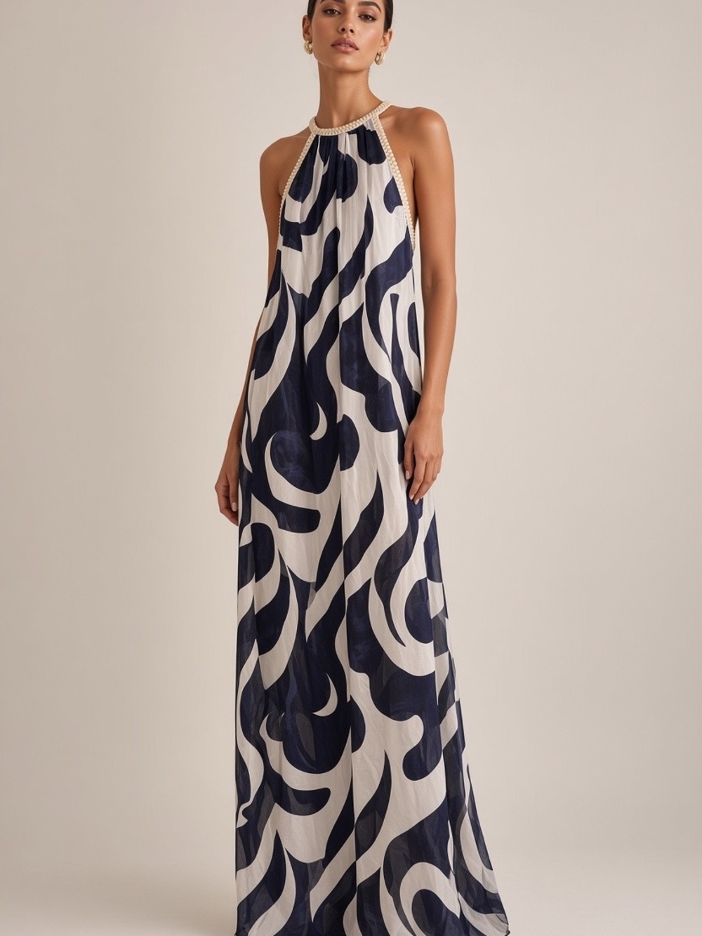 NWT Silk Halter Maxi Dress in Navy and White. Made In Italy. Size Small.